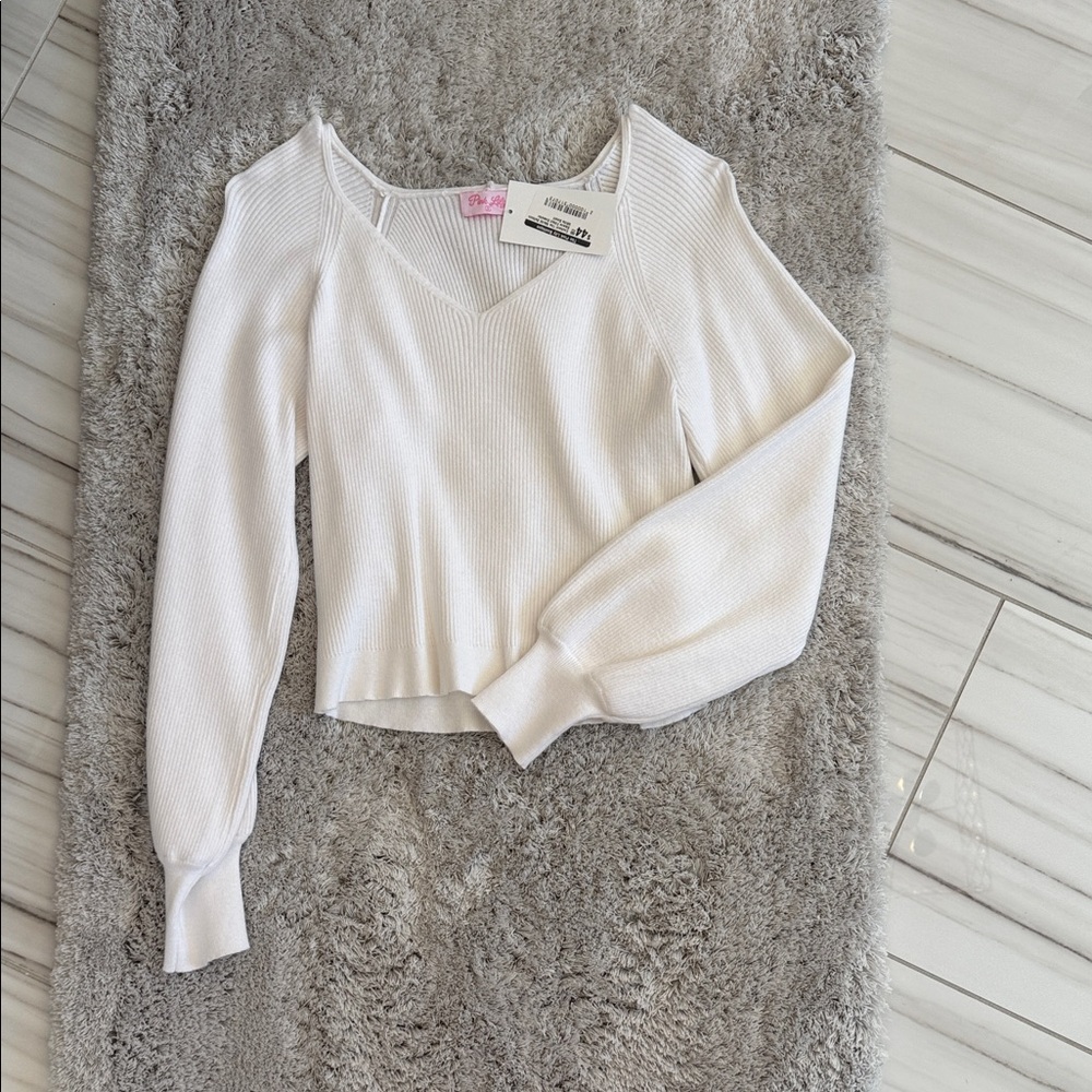 Pink Lily Cream Ribbed V-Neck Top